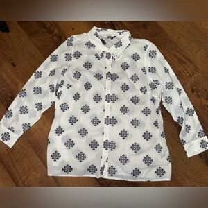 CJ Banks White Shirt with Black Geometric Design NWT